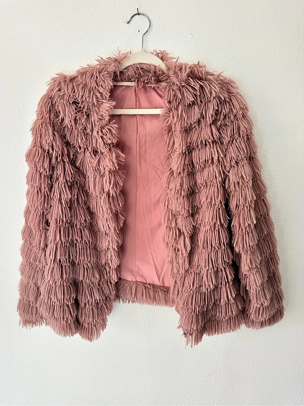 SHEIN Essnce Fringe Trim Open Front Jacket Pink Medium